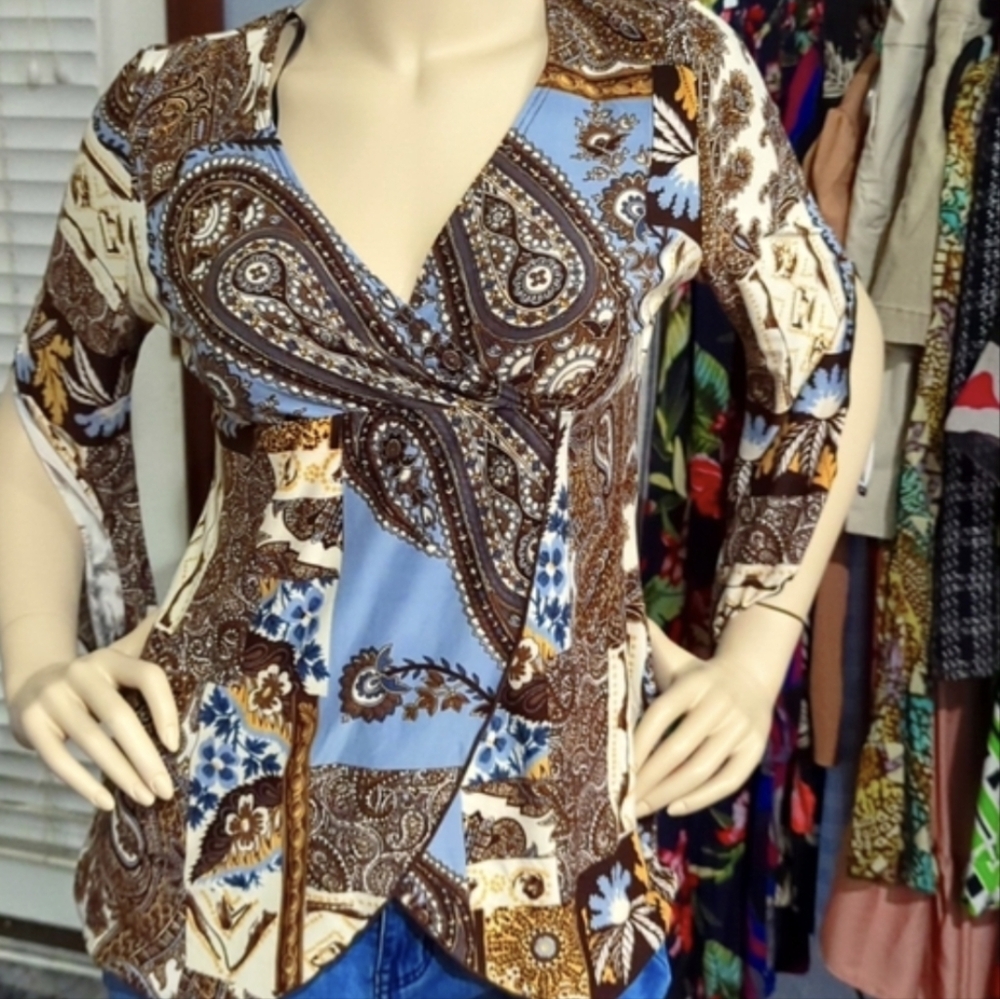 Bohemian Top Medium Split sleeve Brown Paisley Long Sleeve Blouse Baby doll top - Picture 12 of 12